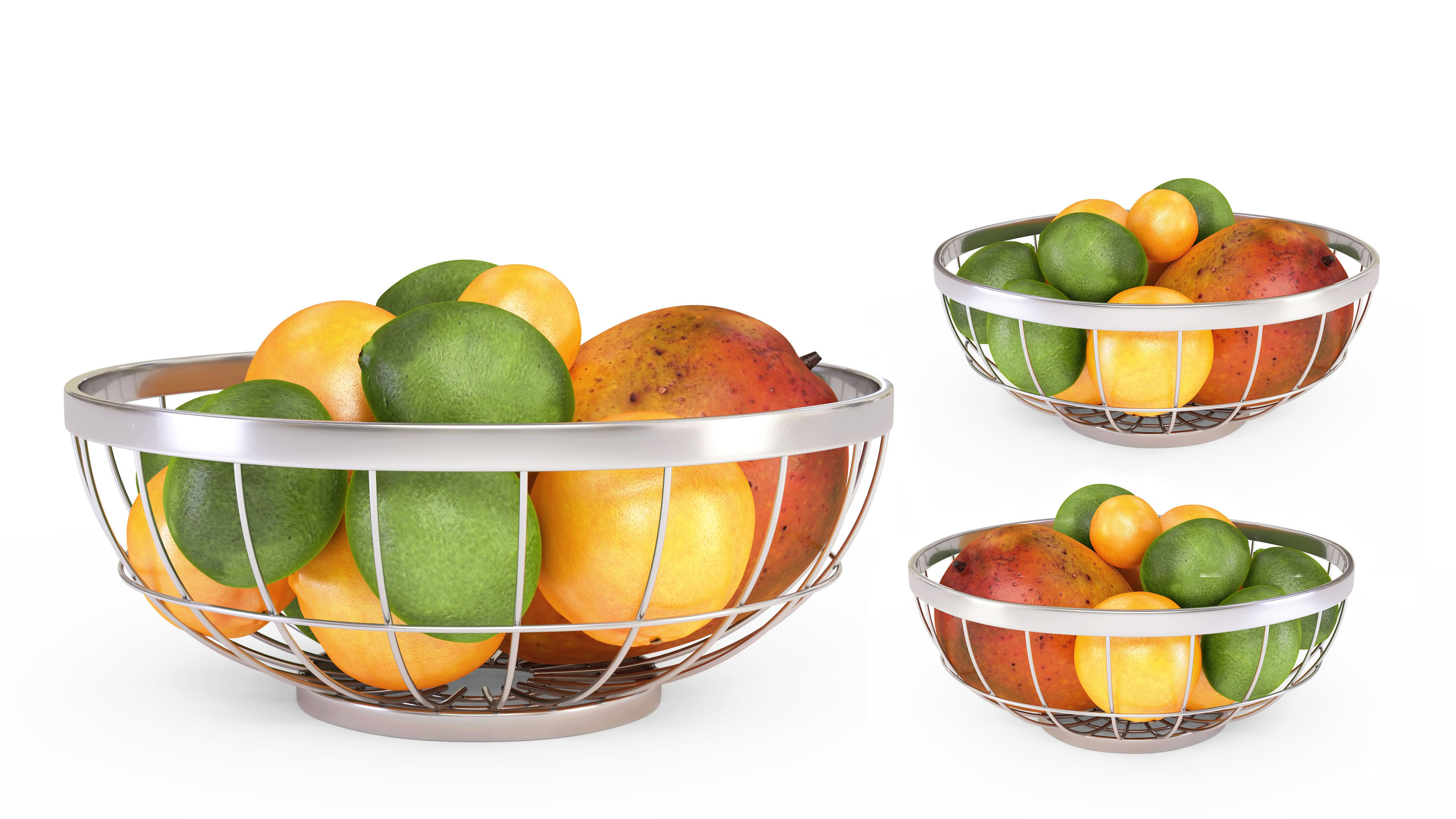 Chrome Wire Grid Fruit Basket with Fruits  3D model_1