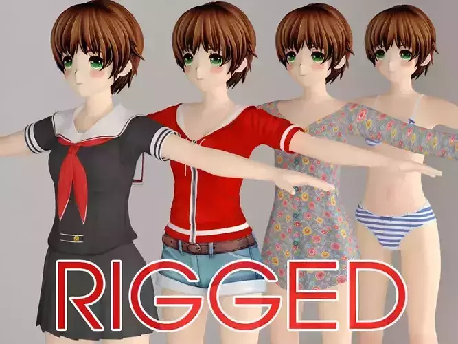 T pose rigged model of Hinata anime girl 3D model