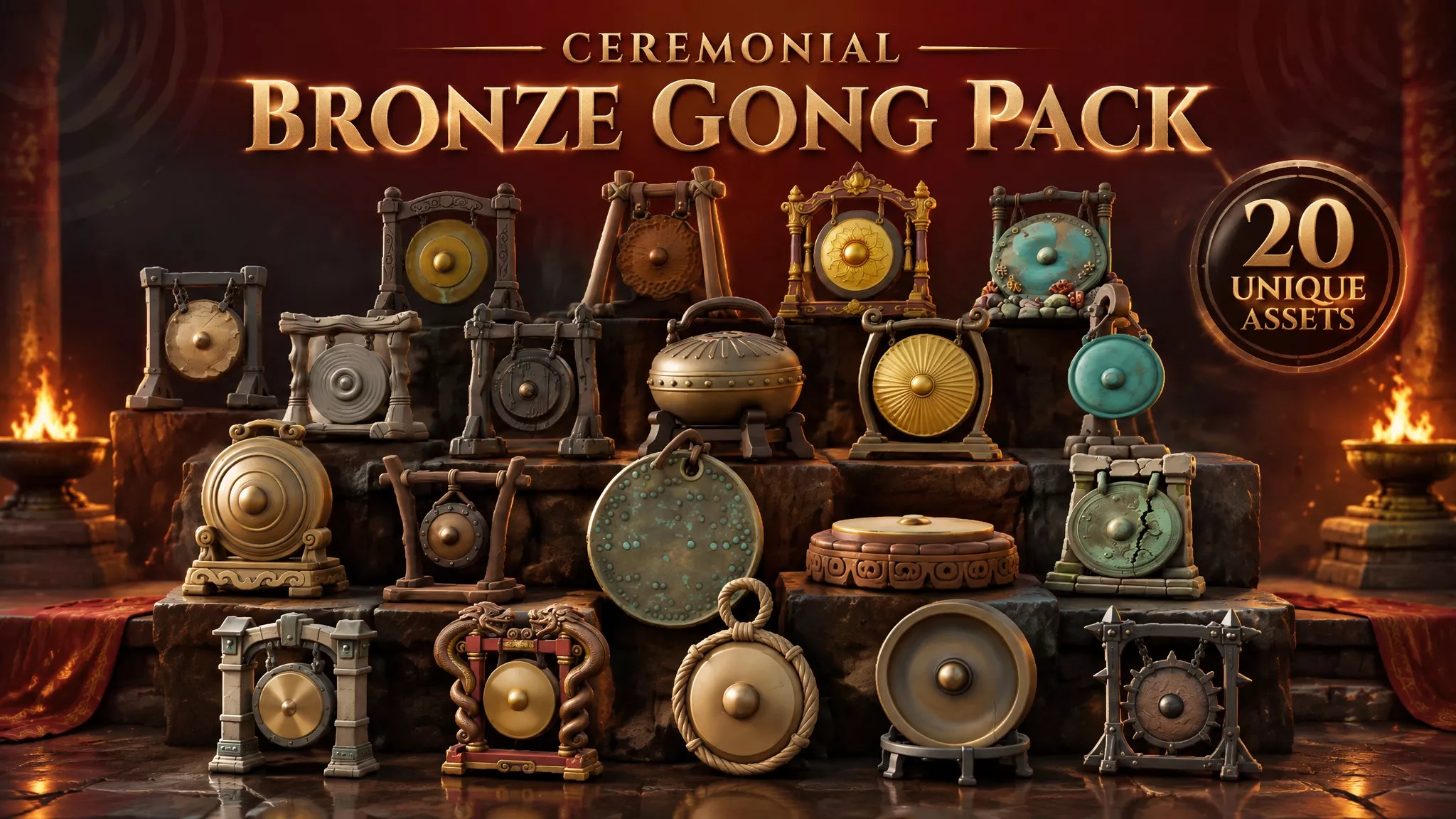 Ceremonial Bronze Gong Pack Low-poly 3D model