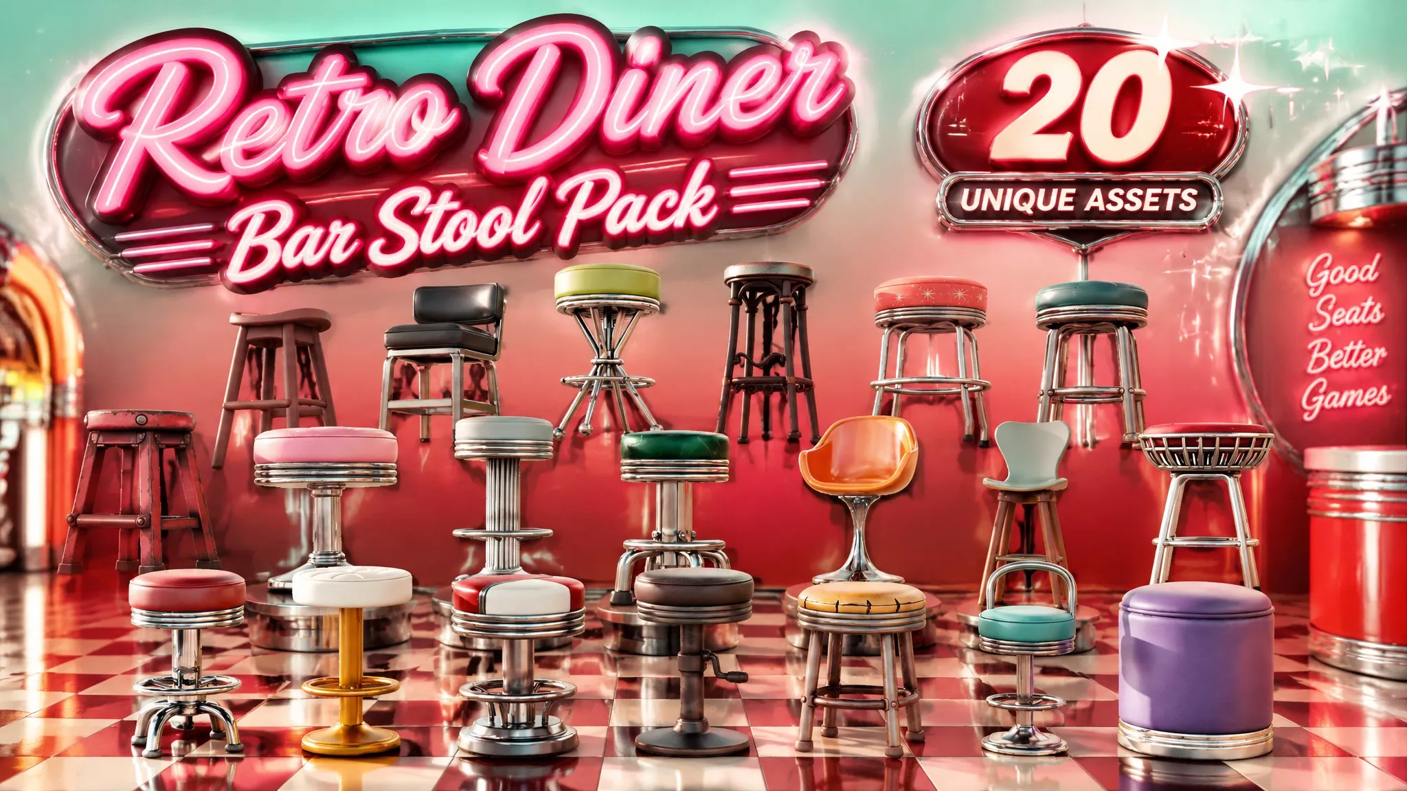 Retro Diner Bar Stool Pack Low-poly 3D model