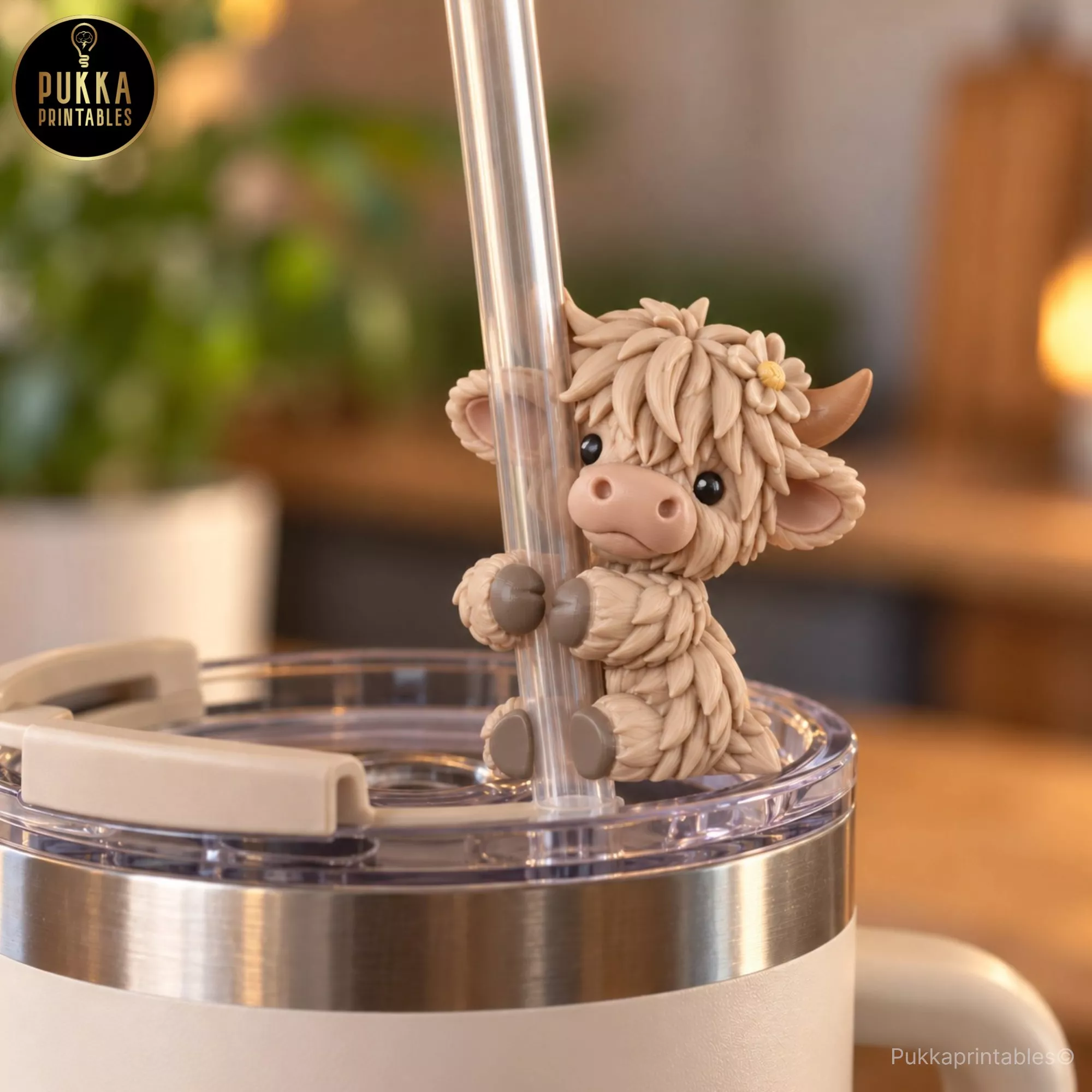 Highland Cow Straw Hugging Topper STL 3D Printable Accessory 3D print model