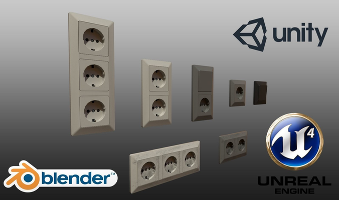 Electrical sockets and light switches set - 7 models Low-poly 3D model