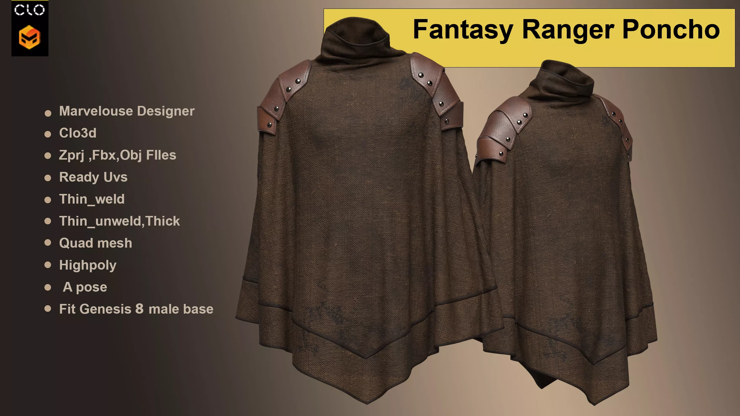 Fantasy Ranger Poncho Clo3d Project Zprj Fbx Obj Files 3D model