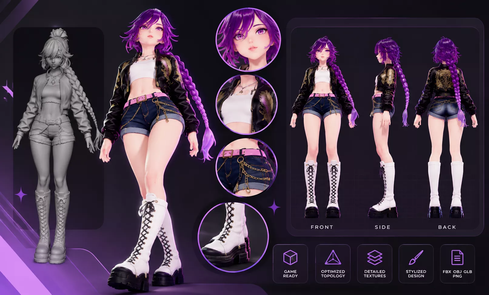 3D model Stylized Anime Girl 3D Character Purple Hair VR / AR / low ...