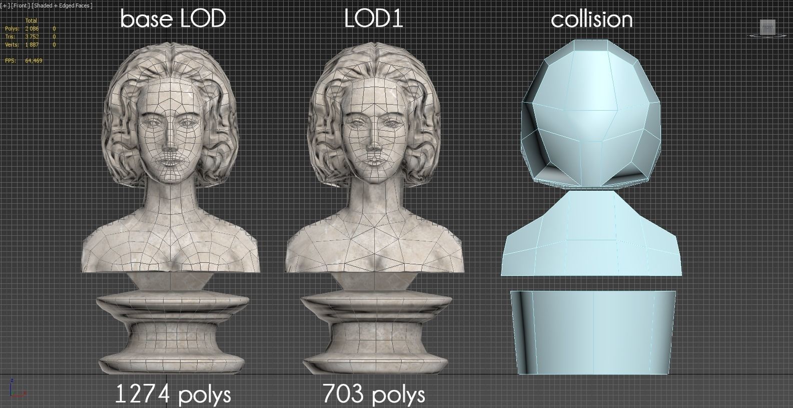 Neoclassical female bust Low-poly 3D model_11