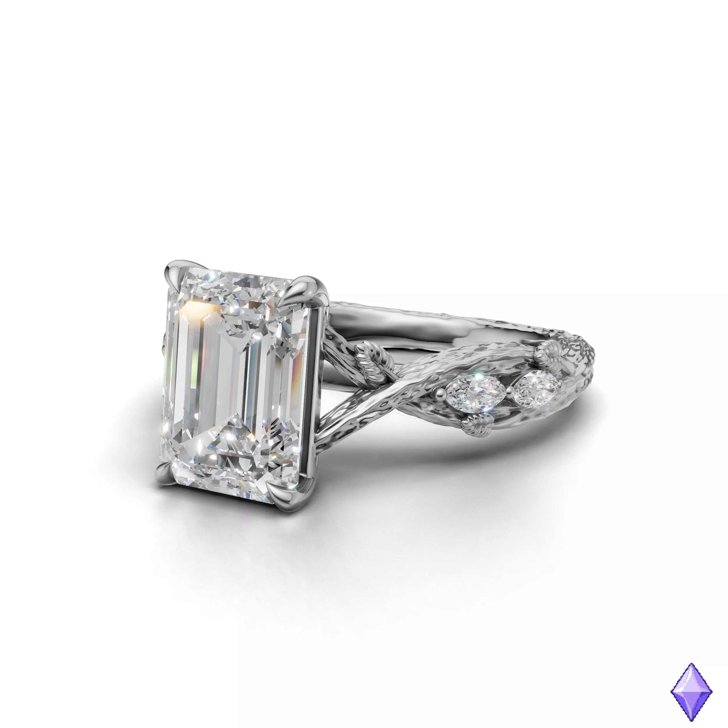 Emerald Cut Tree Bark Engagement Ring 3D CAD Model 3D print model