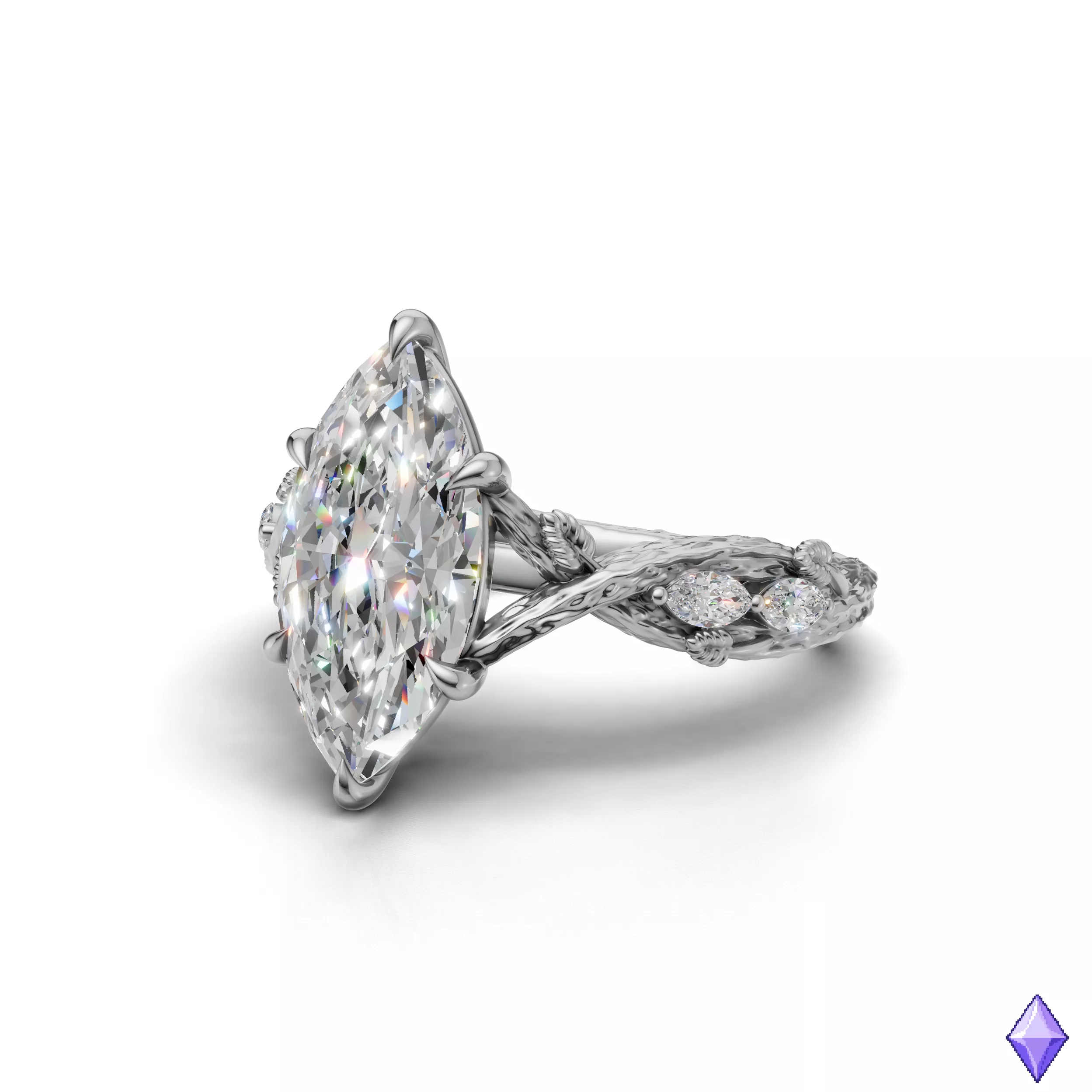 Marquise Cut Tree Bark Engagement Ring 3D CAD Model 3D print model