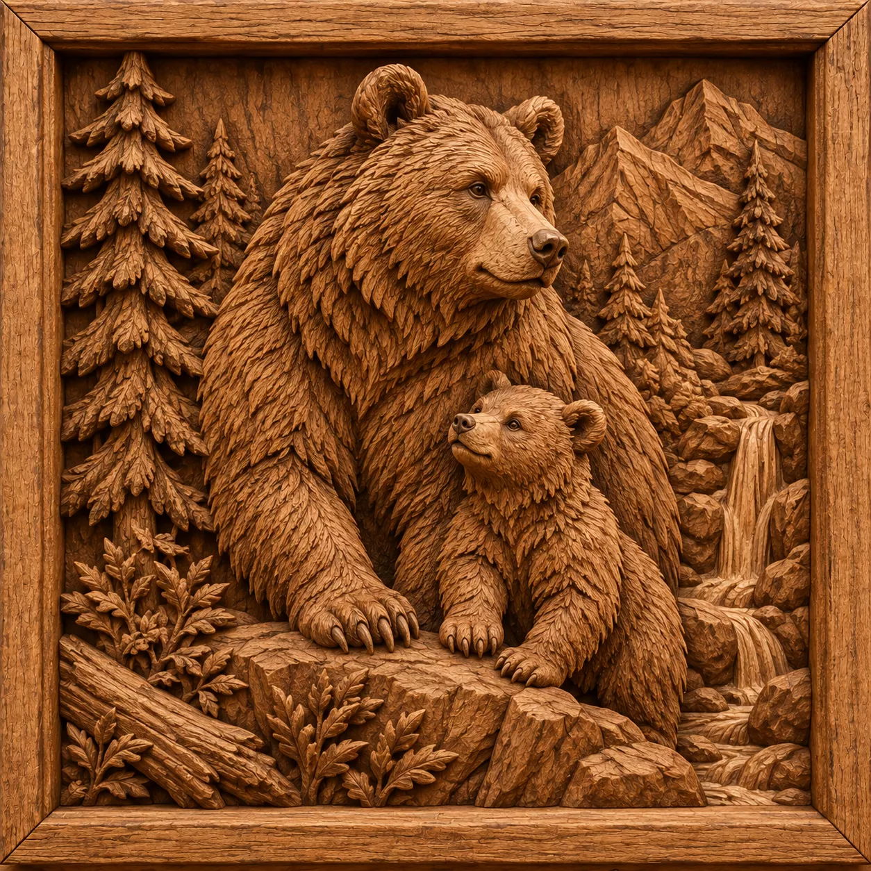 Bear Family Mountain Wood Carved Bas Relief Wall Panel 3D Model 3D print model
