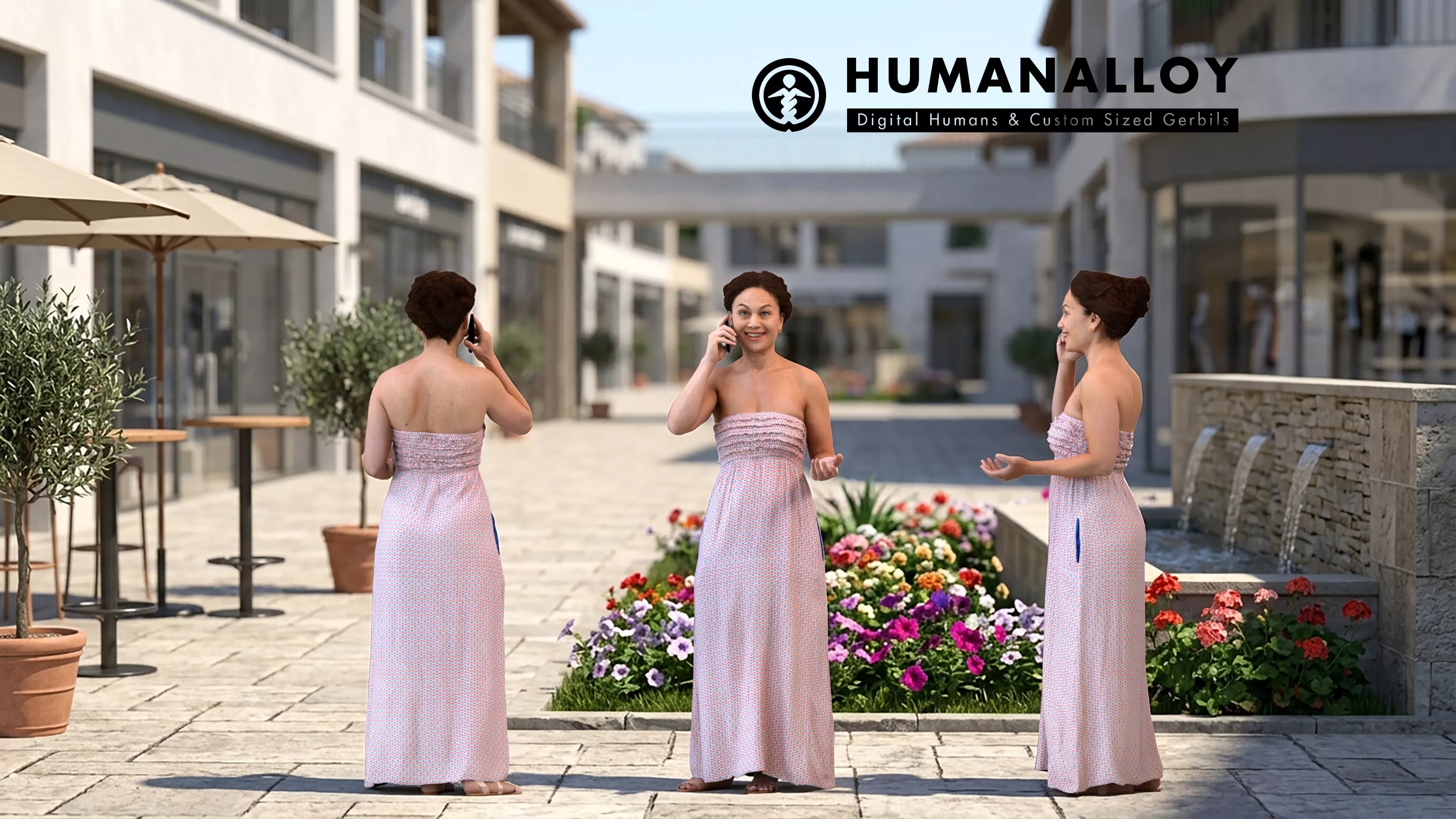 Adult Caucasian woman calling on smartphone in public summer 3D model