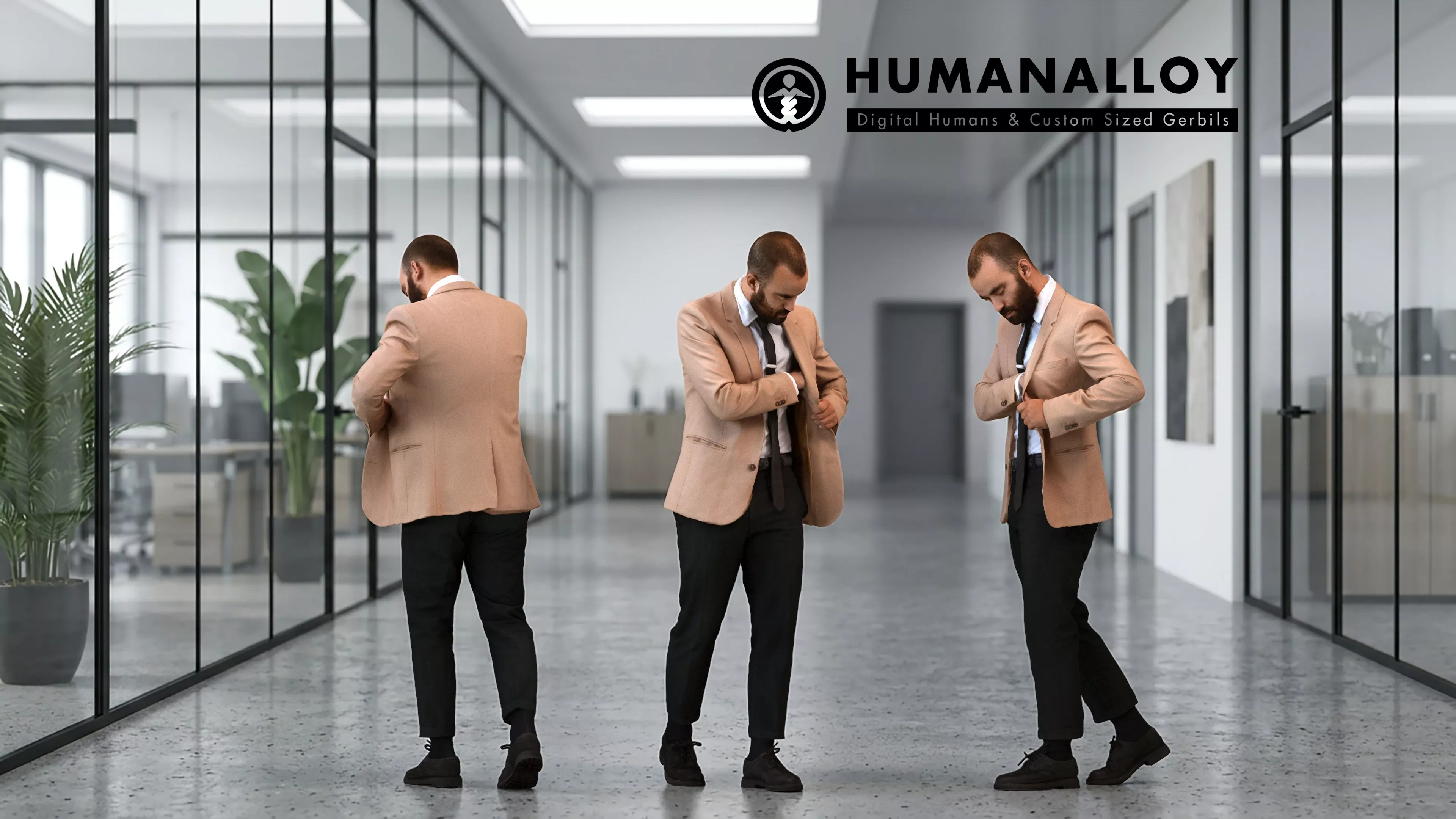 Adult Asian man calling while walking in office wearing 3D model