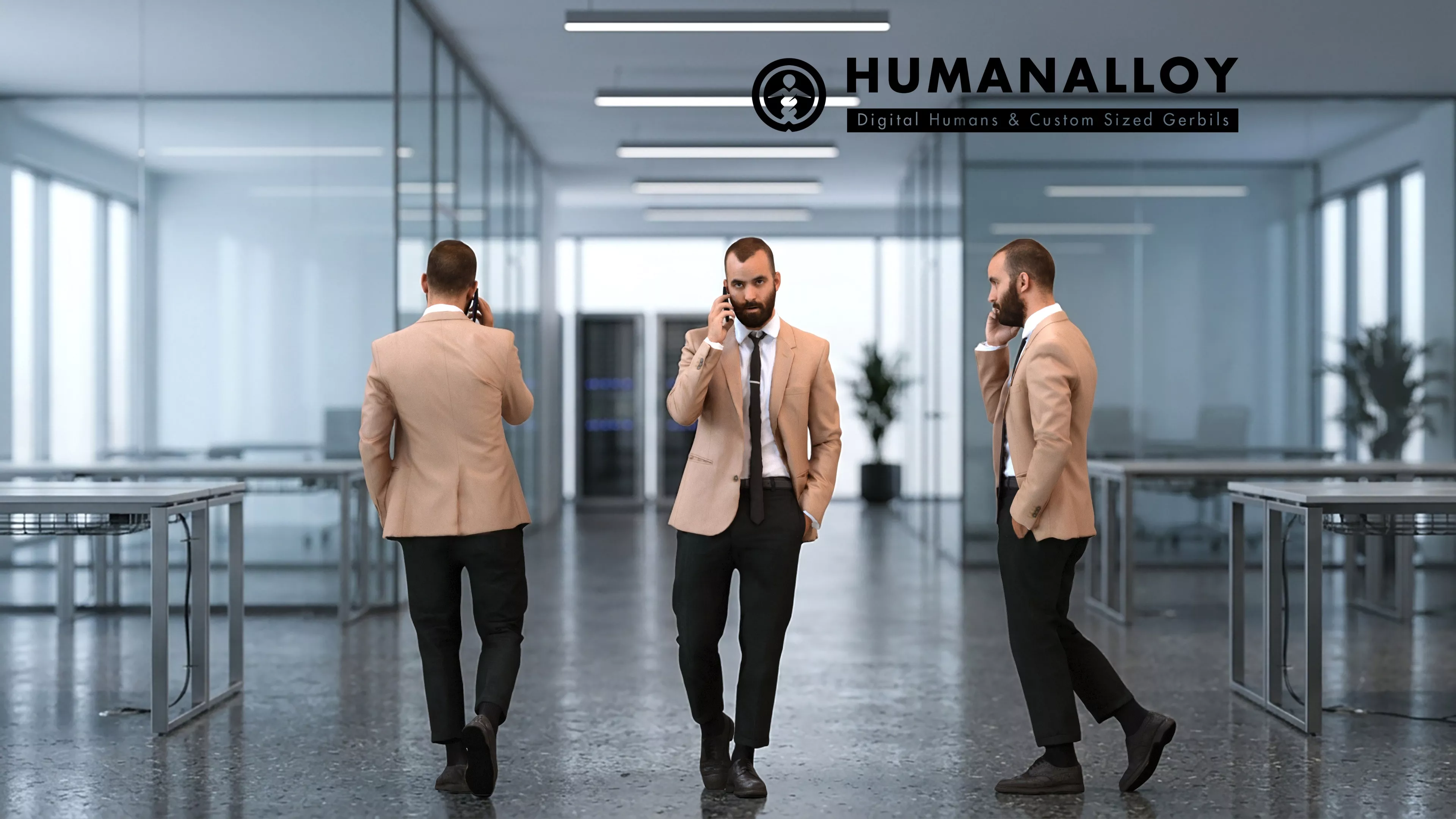 Adult Asian man walking through office while calling on 3D model