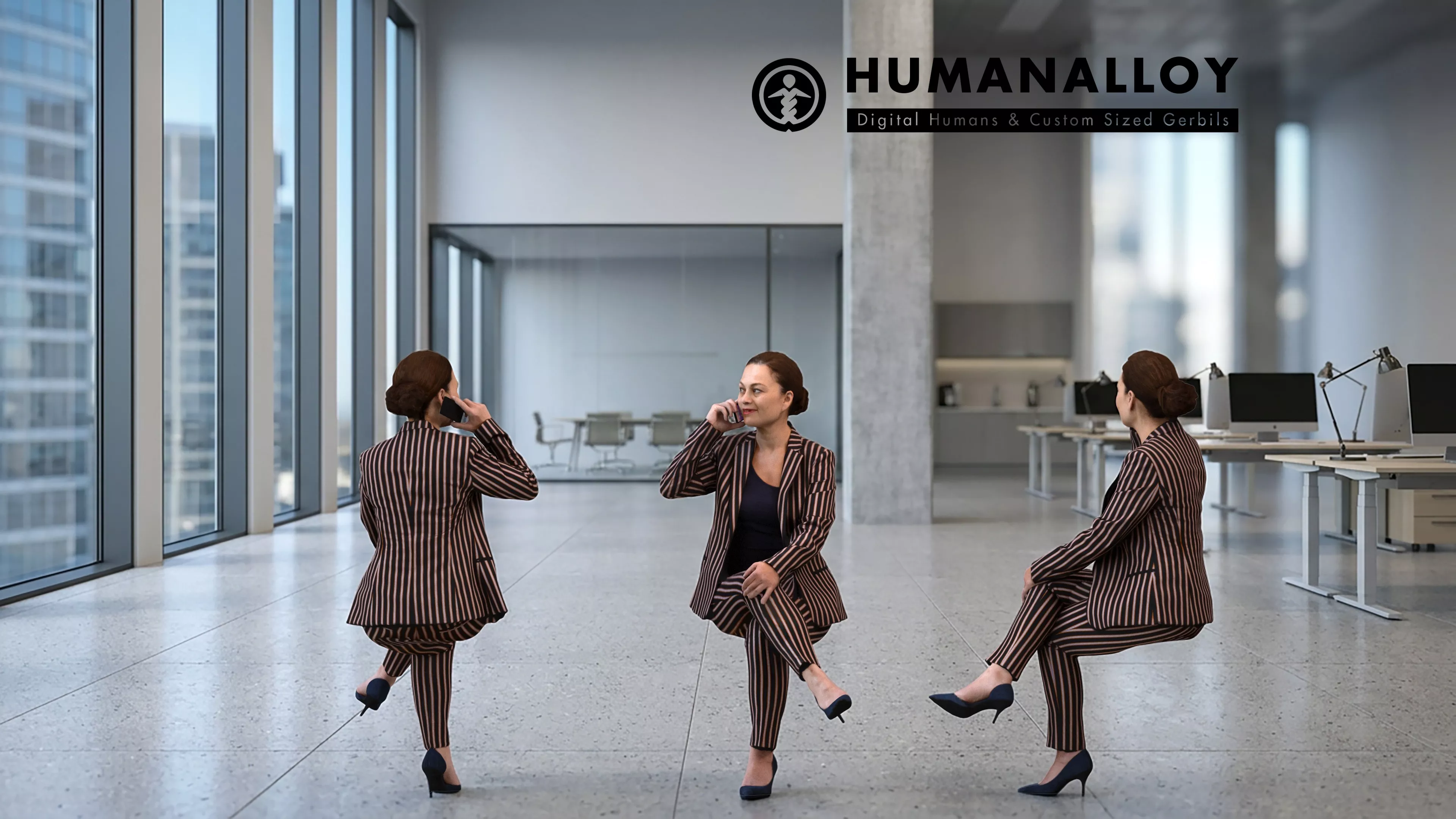 Adult Caucasian woman calling on smartphone in office wearing 3D model