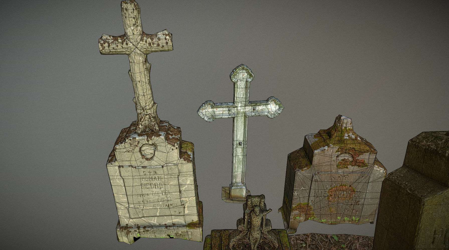 Gravestones crosses and sculptures from old graveyard Low-poly 3D model_10