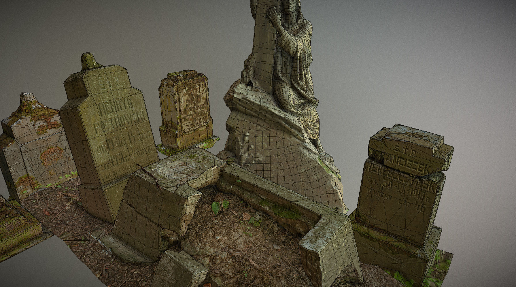 Gravestones crosses and sculptures from old graveyard Low-poly 3D model_5