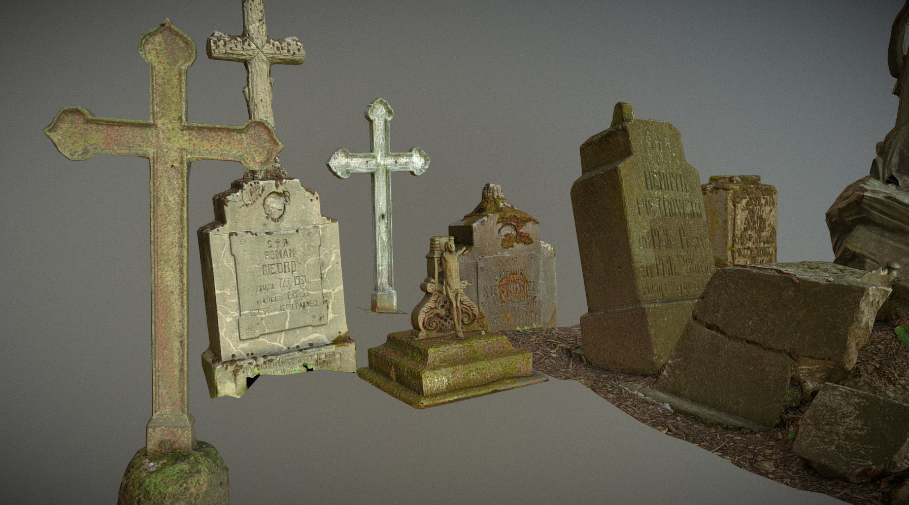 Gravestones crosses and sculptures from old graveyard Low-poly 3D model_8