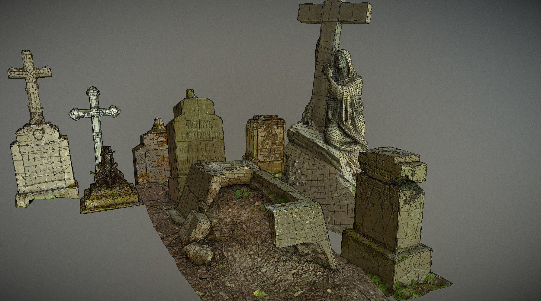 Gravestones crosses and sculptures from old graveyard Low-poly 3D model_3