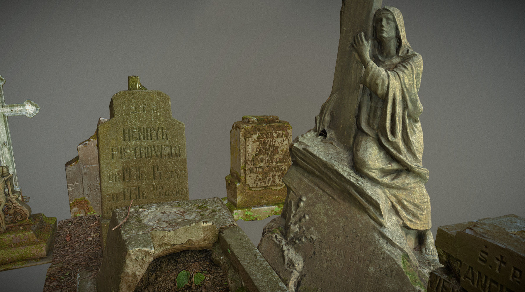 Gravestones crosses and sculptures from old graveyard Low-poly 3D model_2