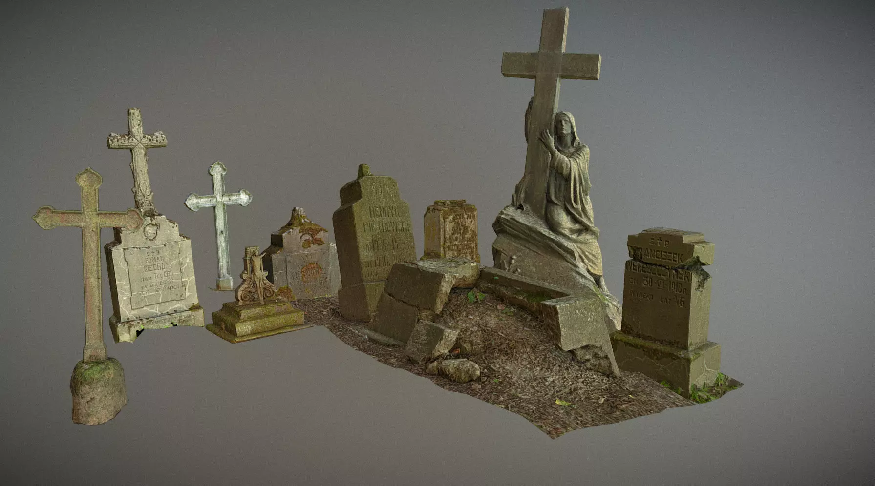 Gravestones crosses and sculptures from old graveyard Low-poly 3D model_0