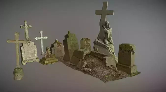 Gravestones crosses and sculptures from old graveyard Low-poly 3D model