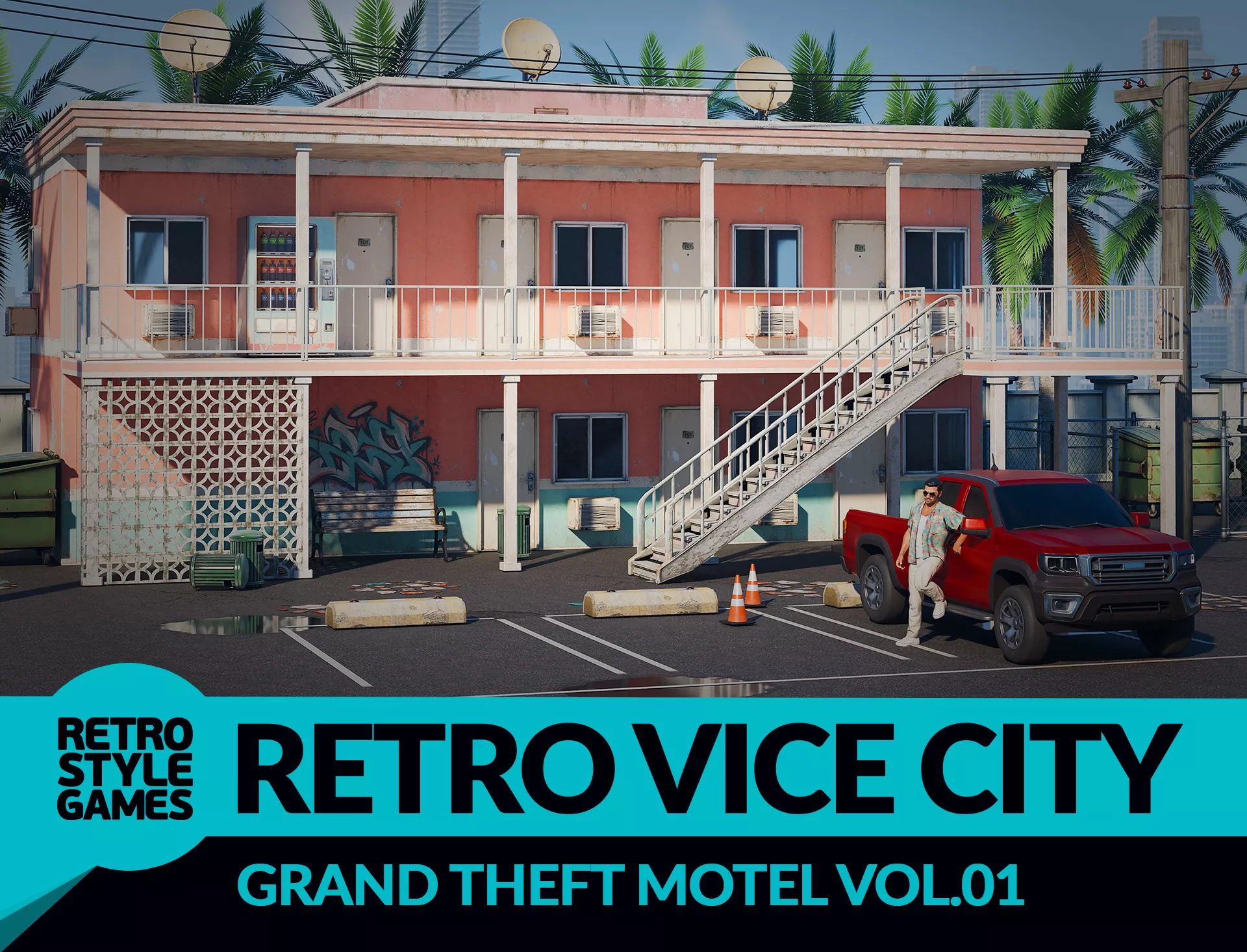 Grand Theft Motel 80s Motel 3D Model Kit Modular Walls Palm Car Low-poly 3D model