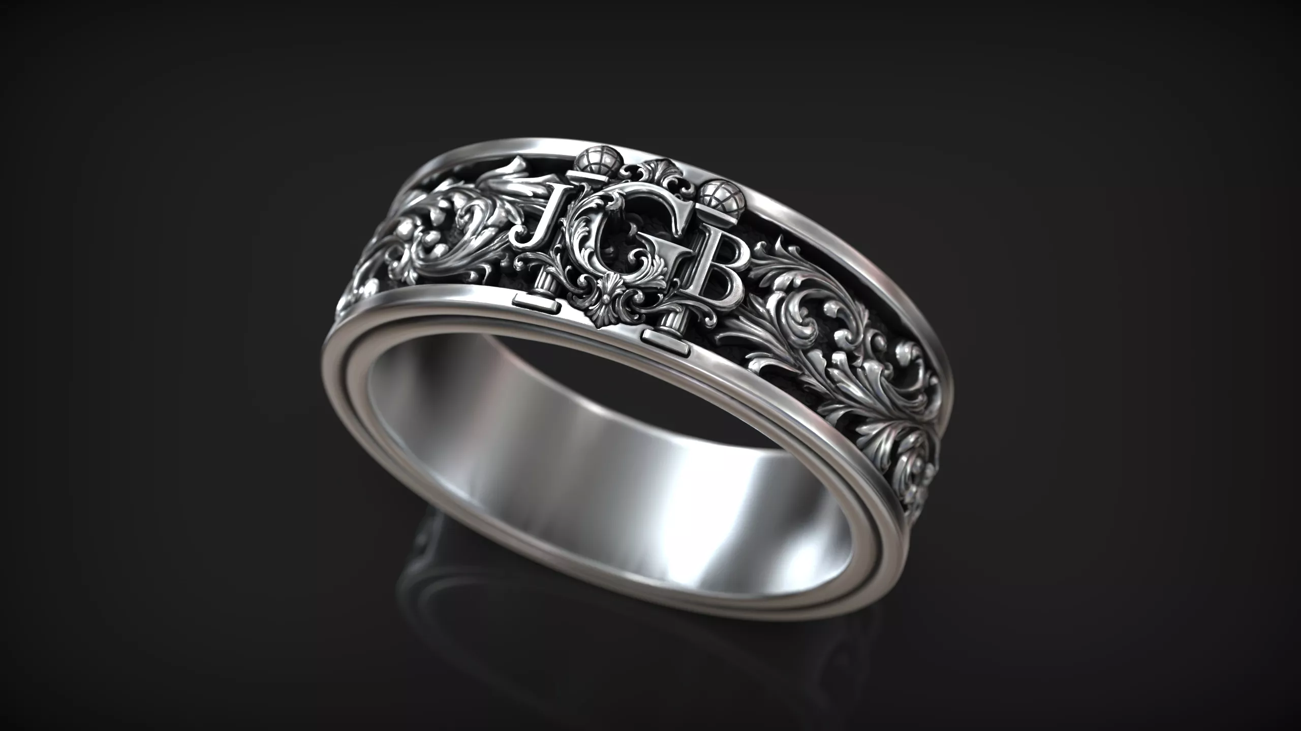 Masonic JGB Monogram Acanthus Ornament Wide Band Ring 3D print model