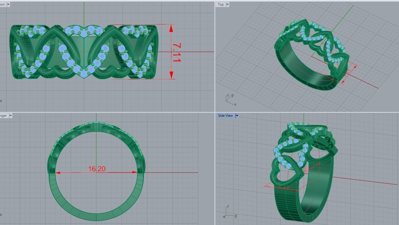 Heart ring with diamonds 3D print model_2