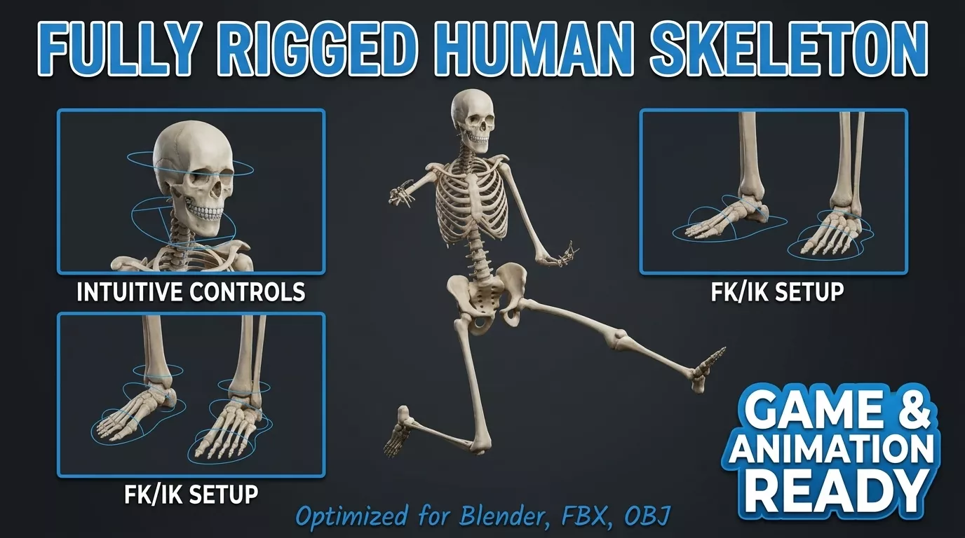 3D Human Skeleton Model Fully Rigged Bones Skull for Animation 3D model