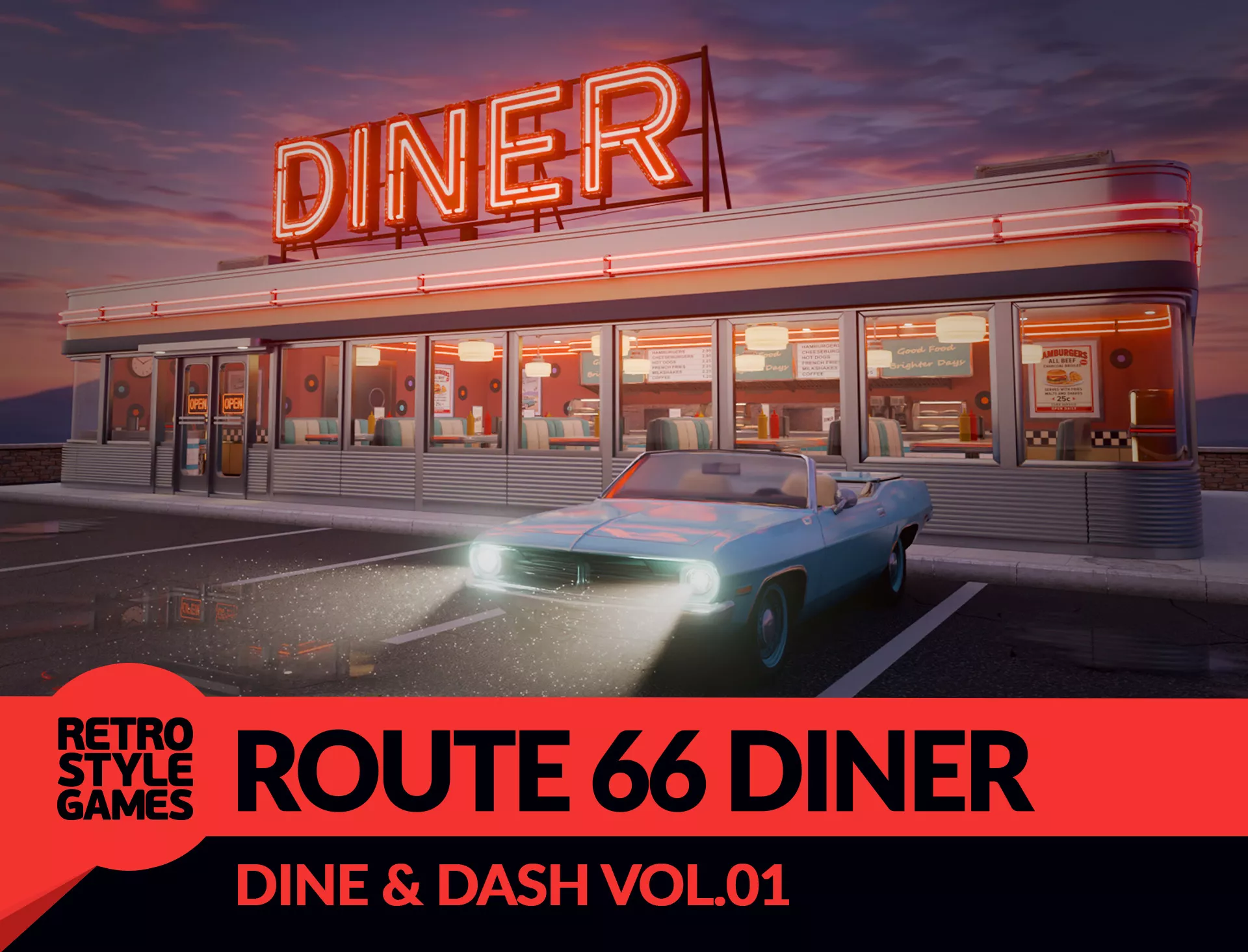Dine and Dash - American Diner 3D Model 50s Retro Neon Kit Low-poly 3D model