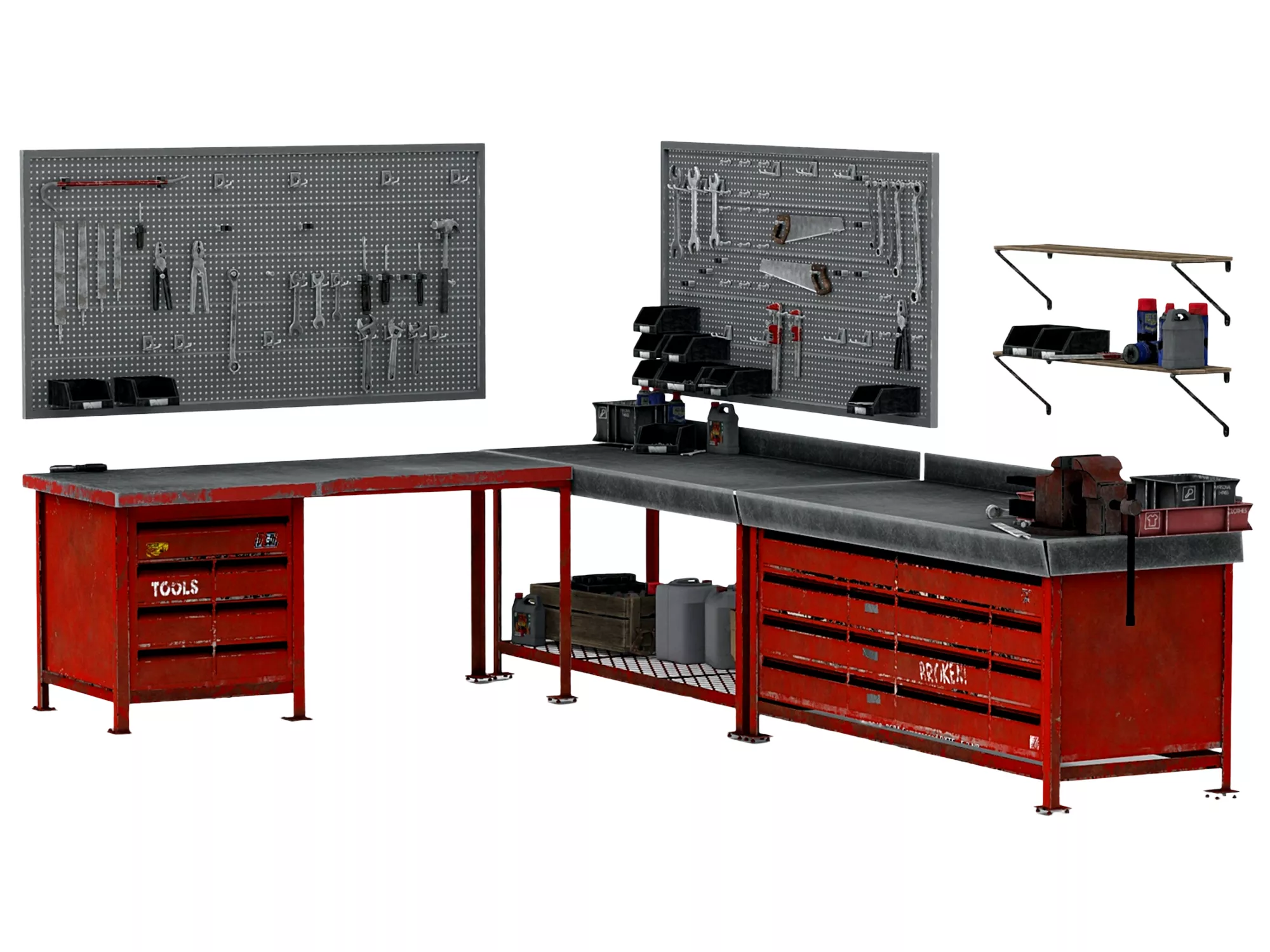 Red Metal Industrial Workbench With Pegboard Tool Storage Set 3D model