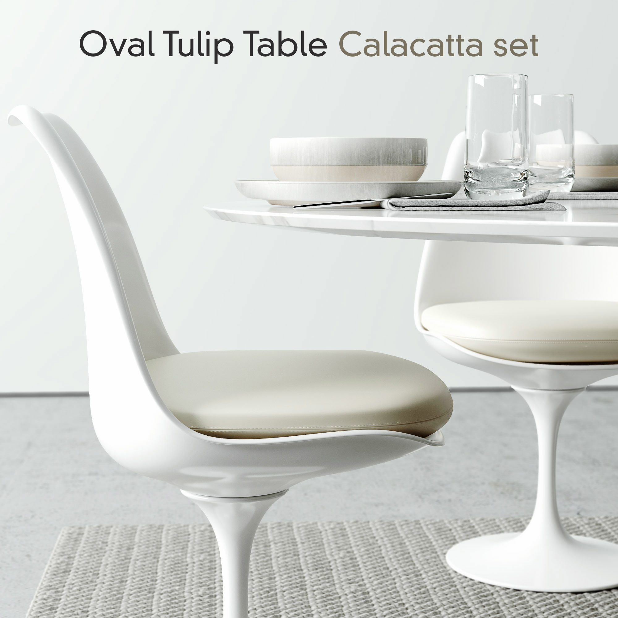Oval Tulip Table Calacatta set 1980mm 3D model_3