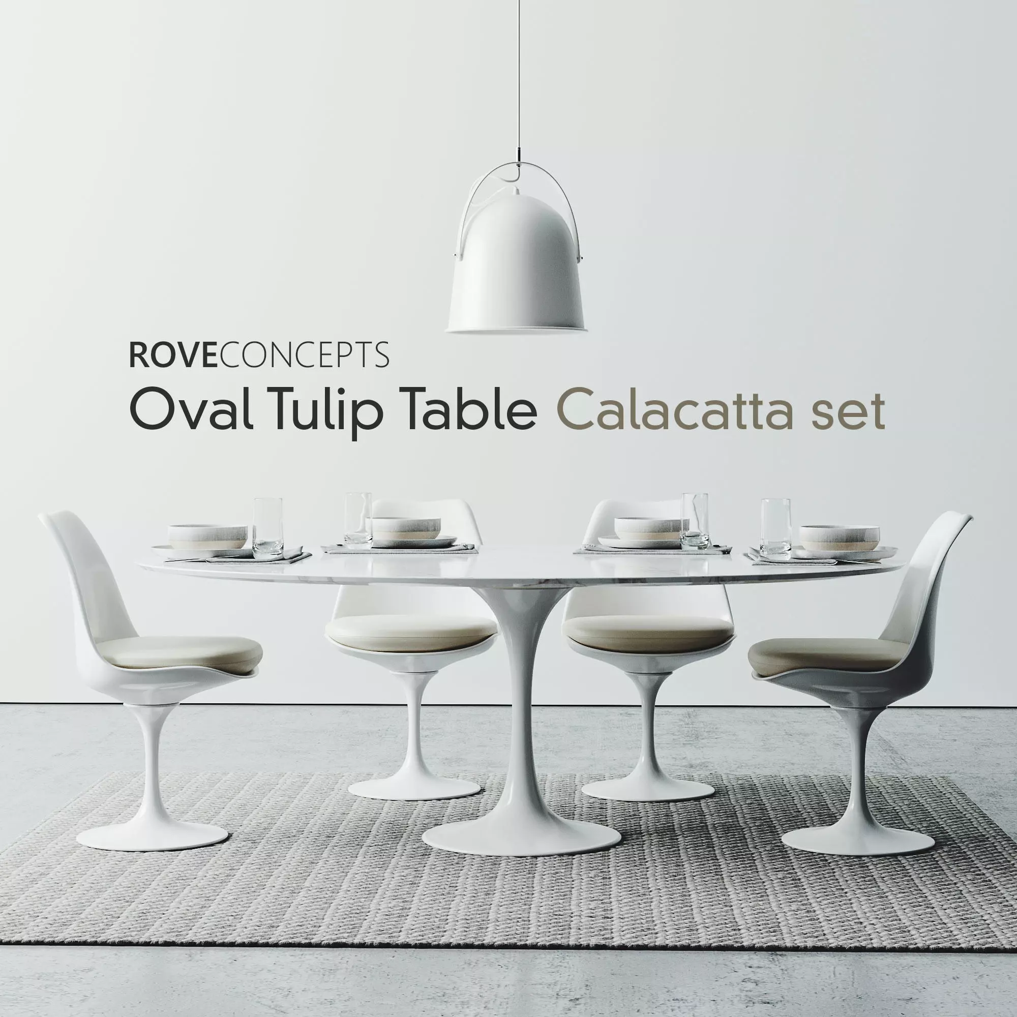 Oval Tulip Table Calacatta set 1980mm 3D model_0