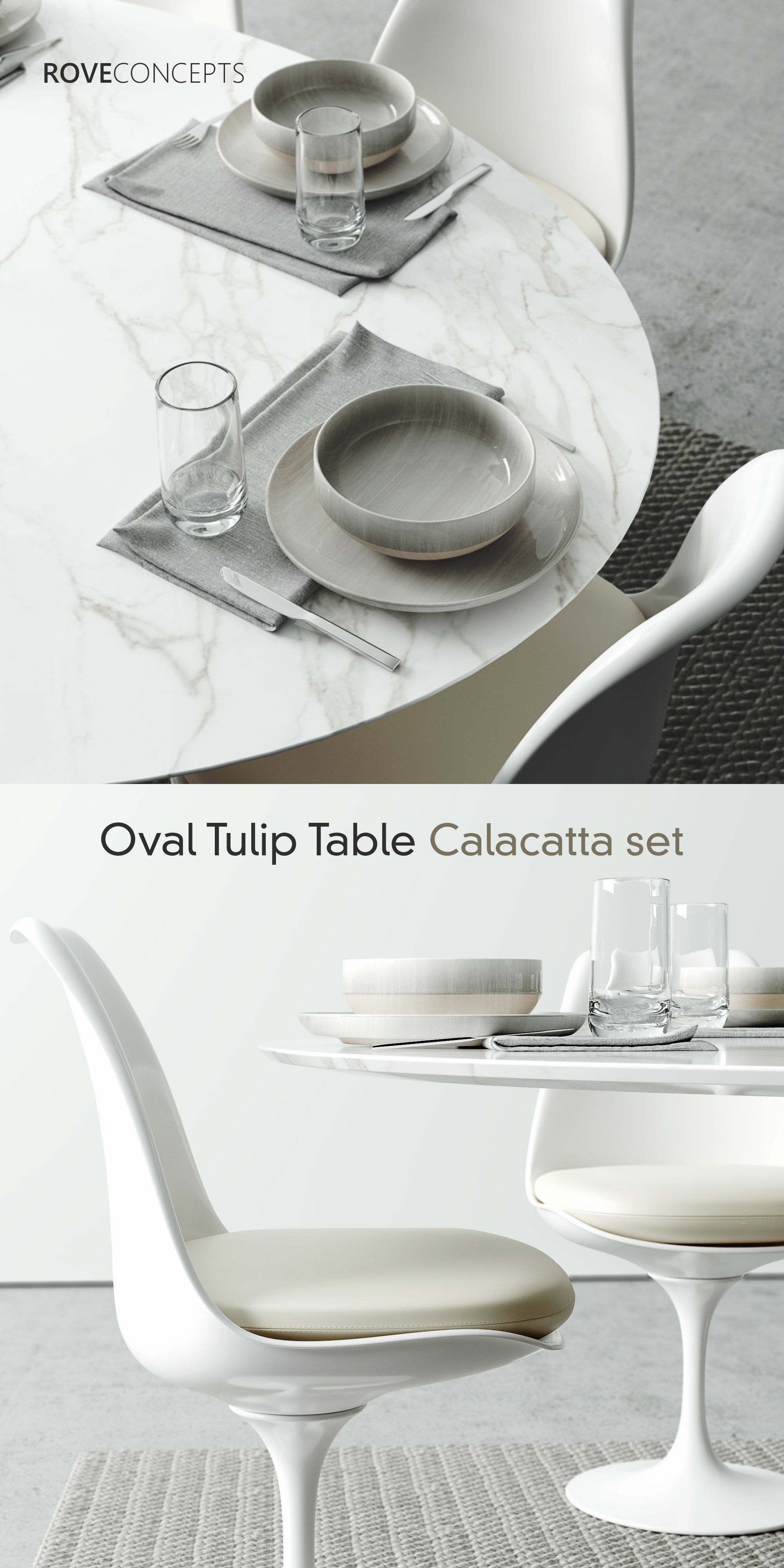 Oval Tulip Table Calacatta set 1980mm 3D model_1