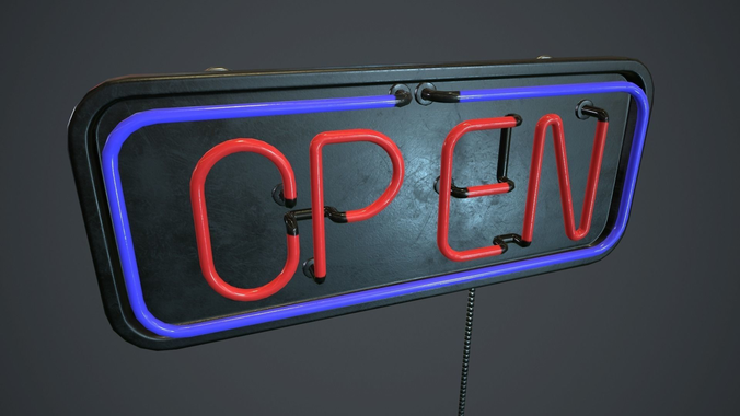 Neon Open Sign PBR Game Ready Low-poly 3D model