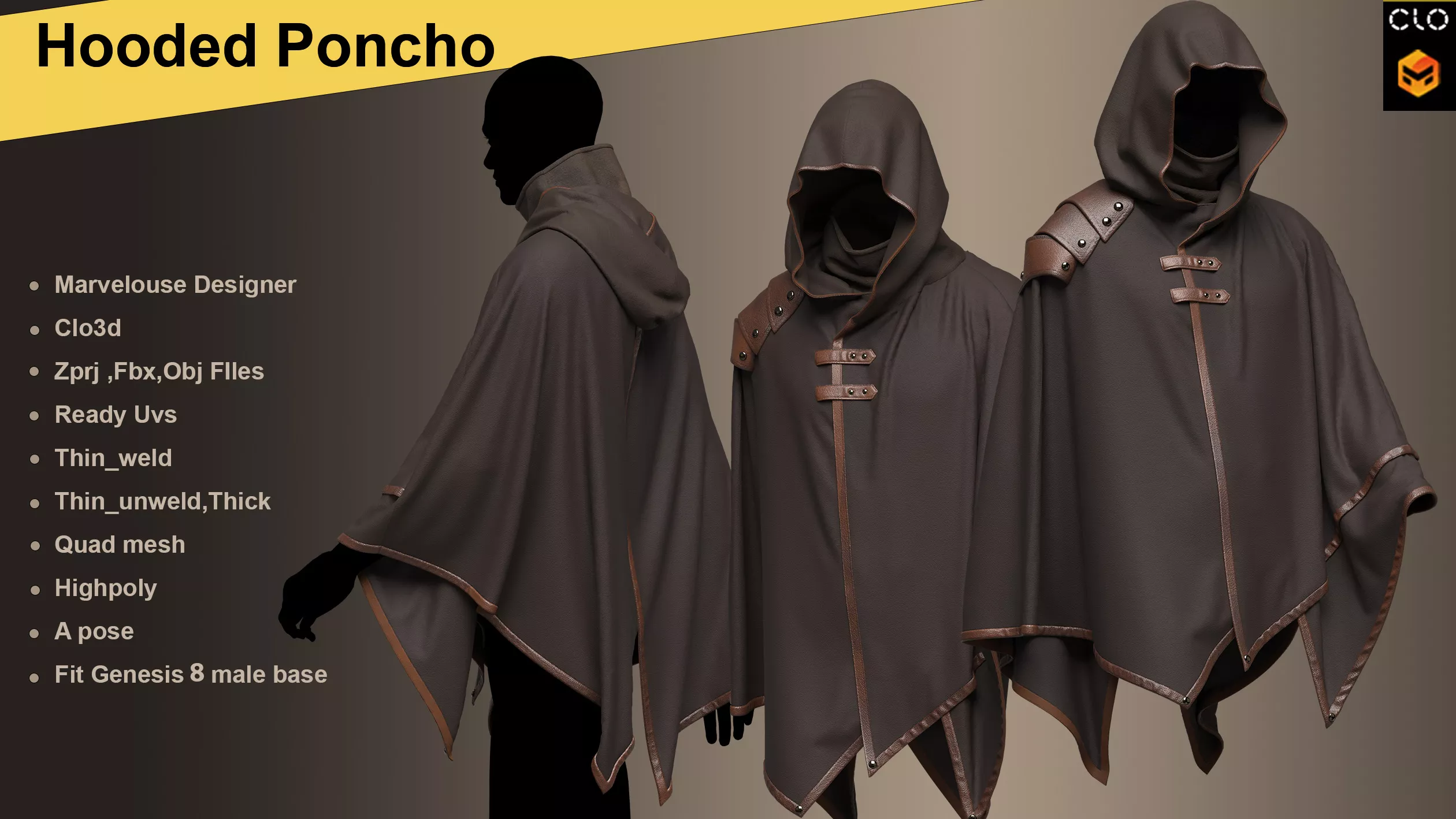 Hooded Cloak Clo3d Project Obj Fbx Zprj Files 3D model