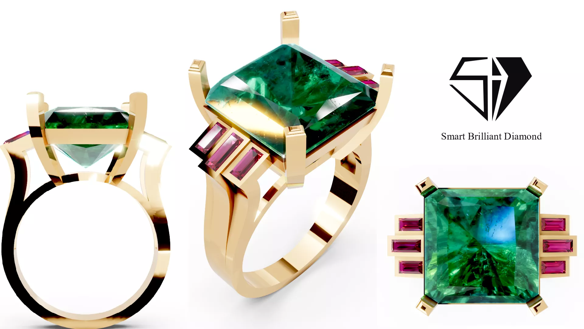 Gold Emerald Cut Gemstone Ring Red Baguette Side Stones jr00450 3D print model
