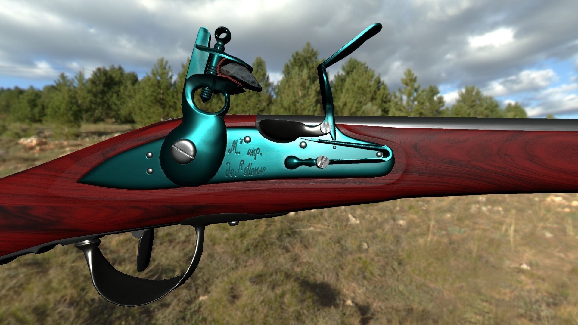 French Cavalry Flintlock Carbine Low-poly 3D model_25