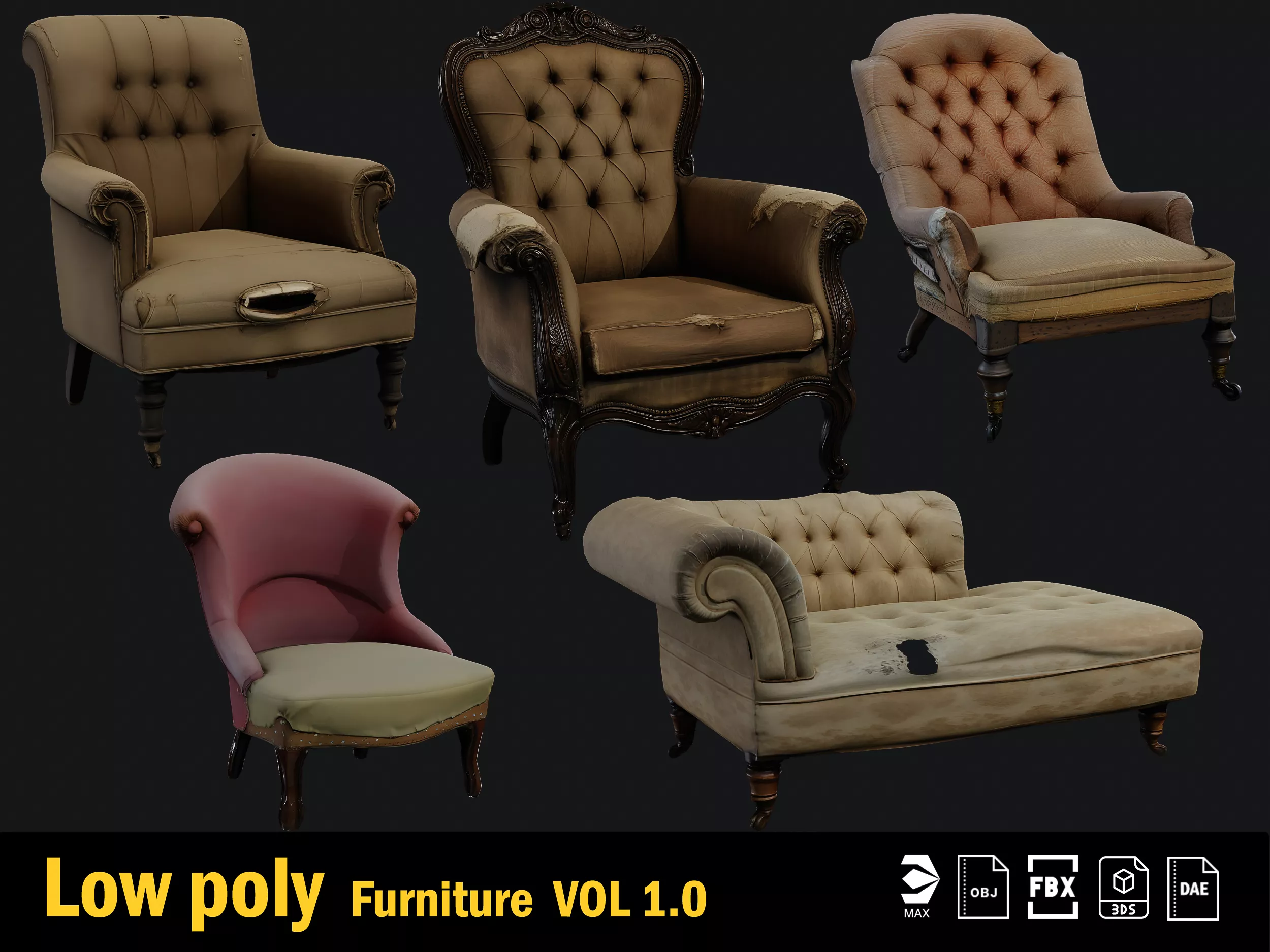 Old Antique Furniture Collection Vol01 Low-poly 3D model