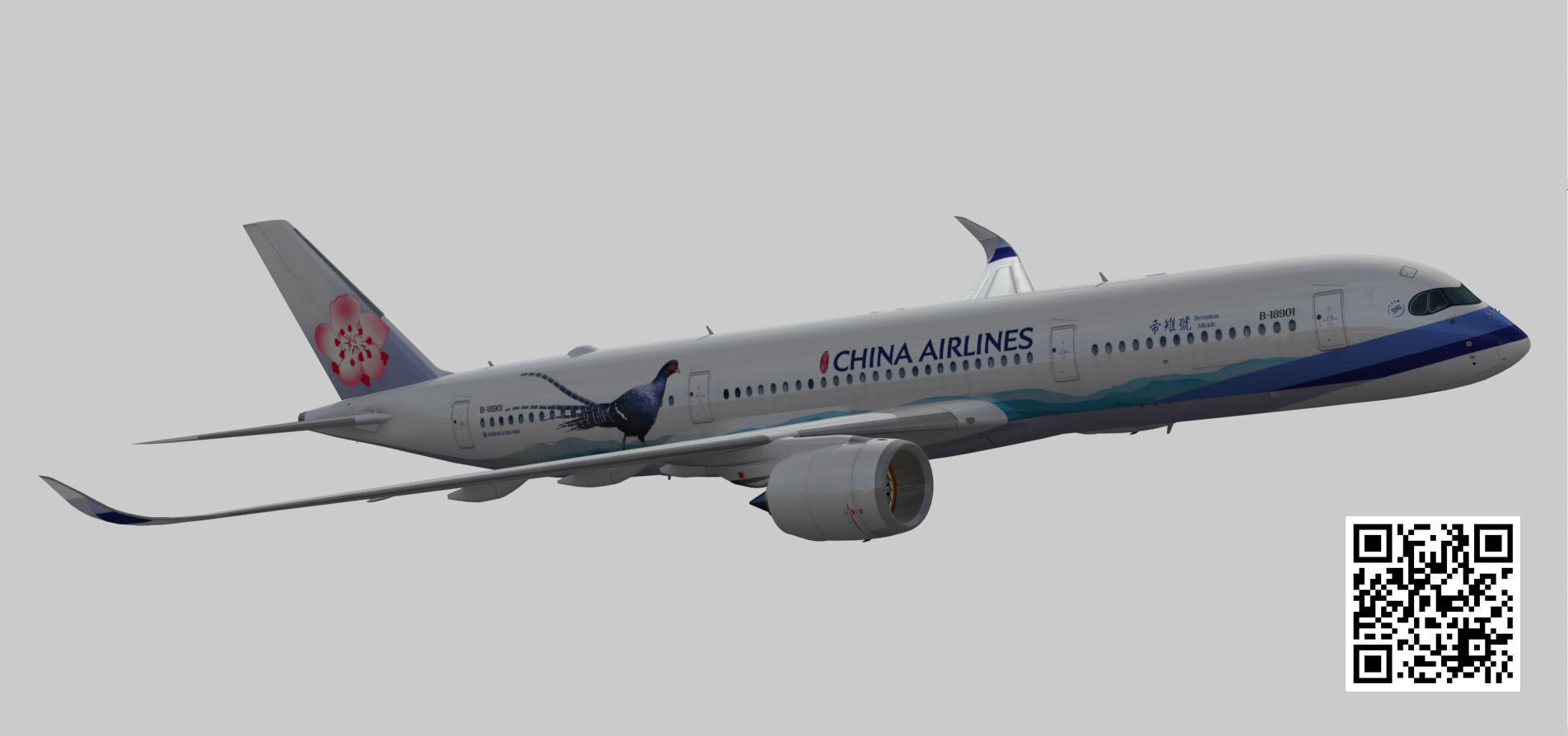 Airbus A350-900 XWB China airlines Syrmaticus Mikado livery Low-poly 3D model_10