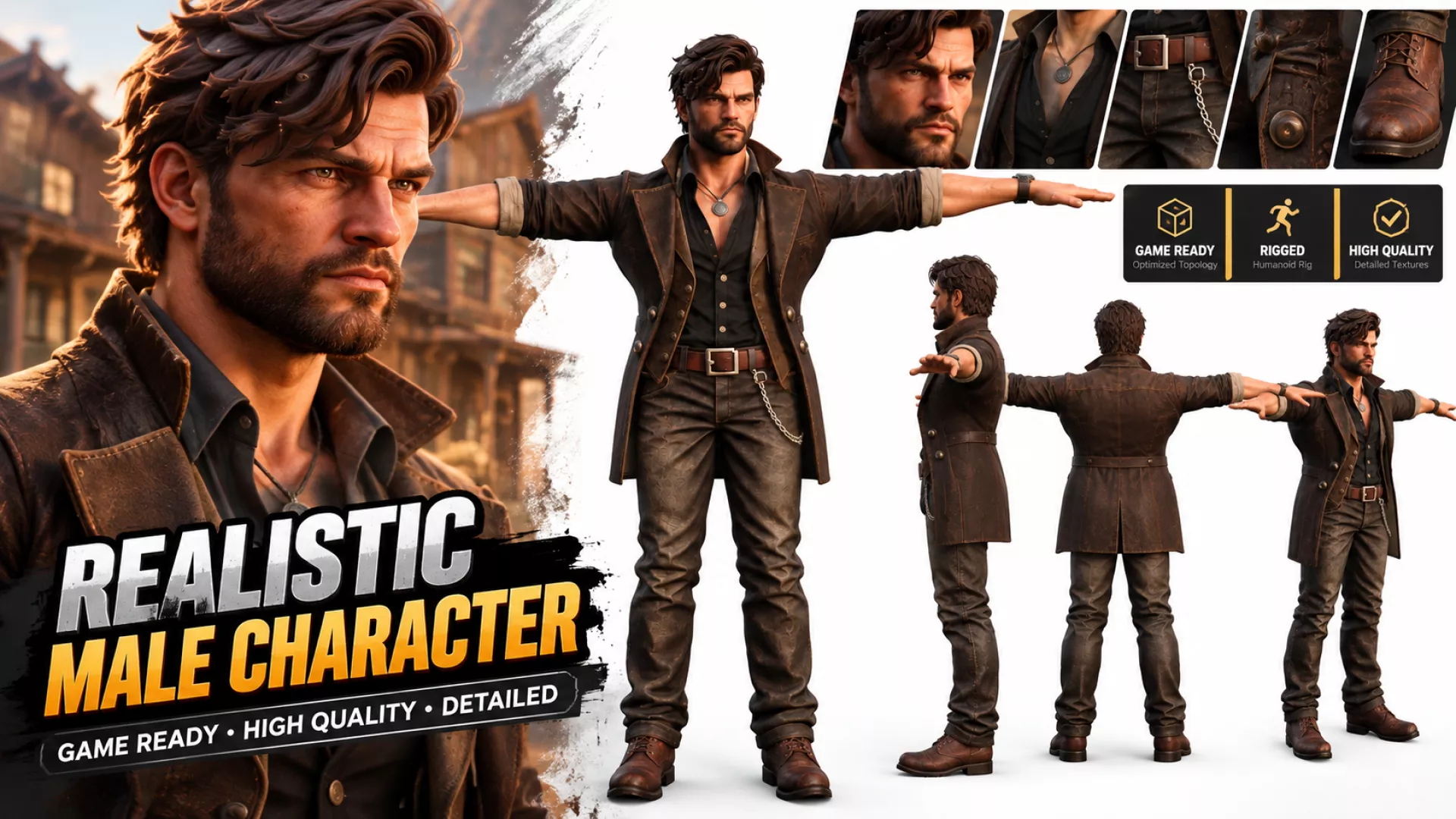 Realistic Male Adventurer Character 3D Model Game Ready Low-poly 3D model