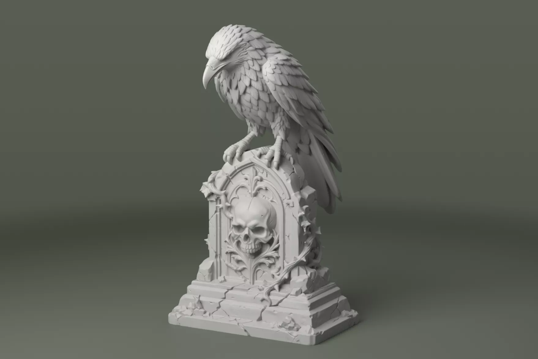 Halloween Raven Statue - Gothic Skull Gravestone Sculpture 3D print model
