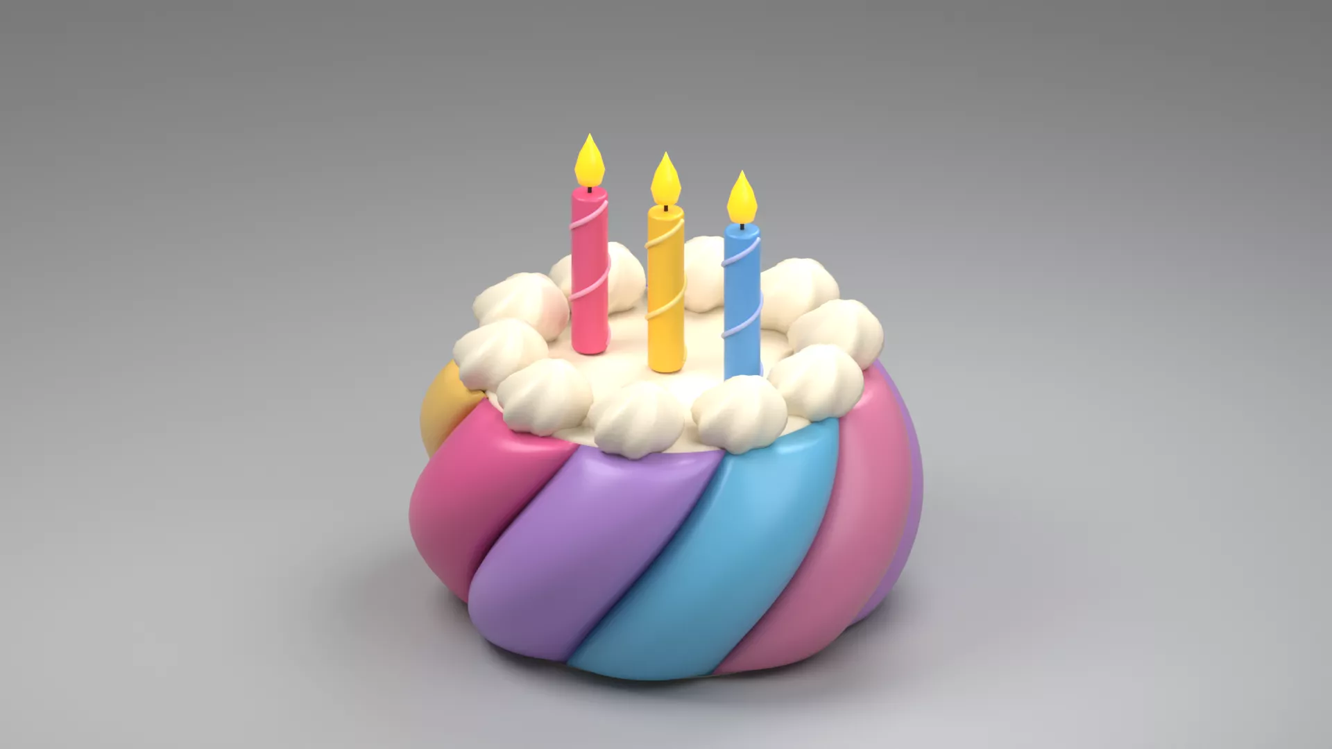 Twisted Rainbow Birthday Cake with Candles Low-poly 3D model