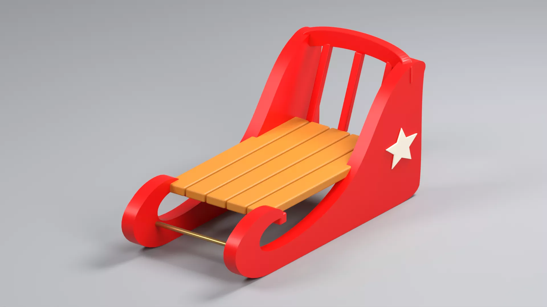 Red Snow Sled with Wooden Seat and Star Low-poly 3D model