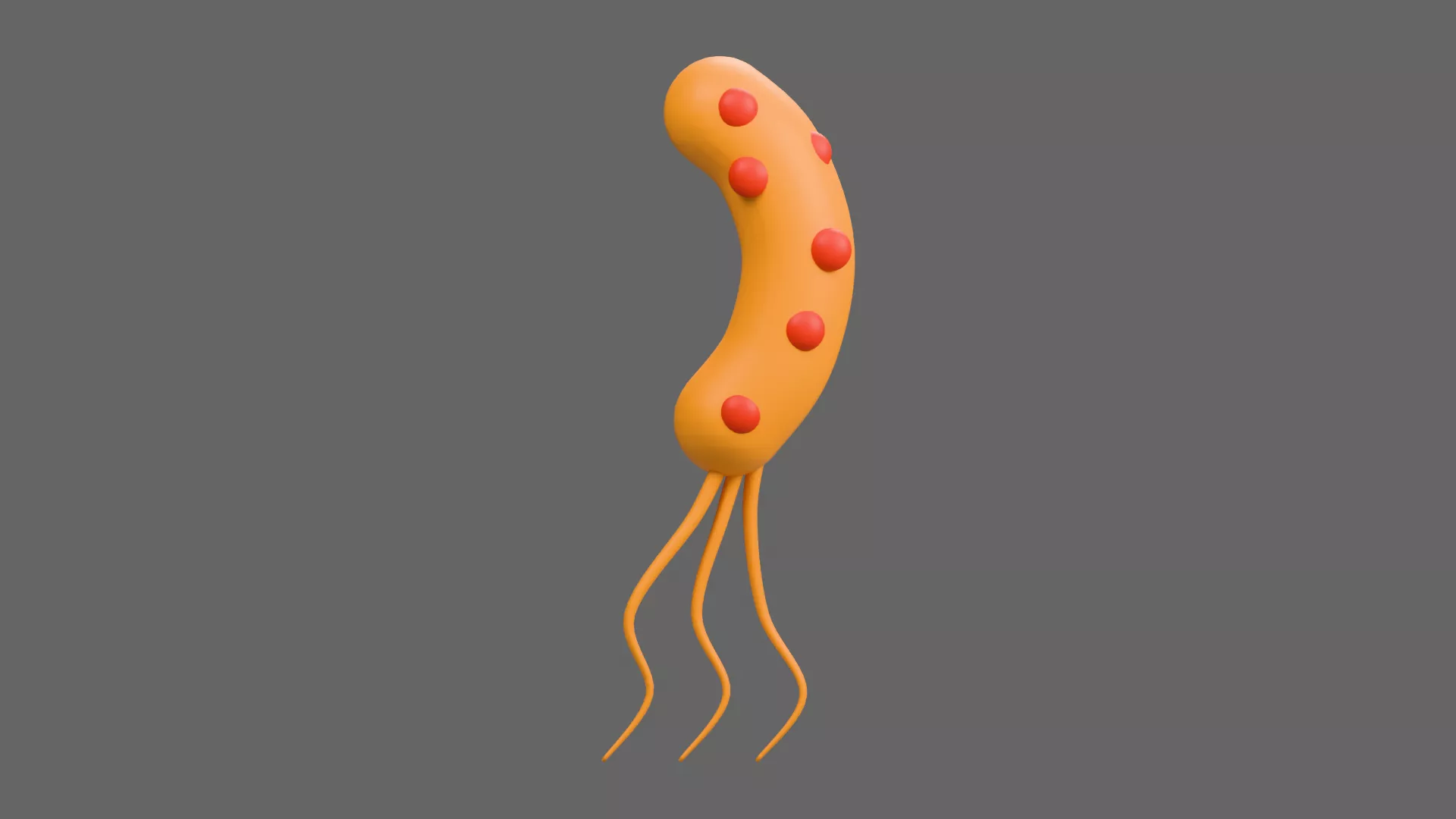 Orange Curved Bacterium with Long Flagella Low-poly 3D model