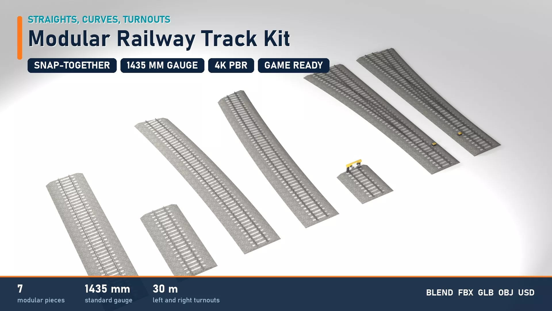 Modular Railway Track Kit with Turnouts and Buffer Stop Low-poly 3D model