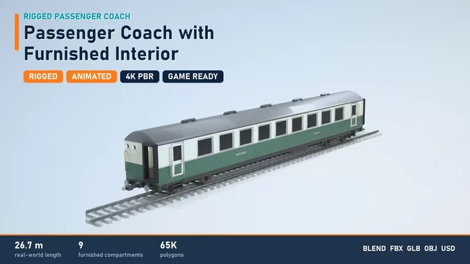 Passenger Coach with Compartments and Interior - Rigged
