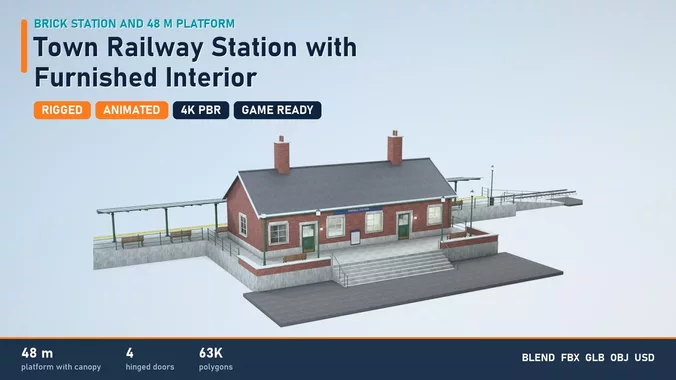 Town Railway Station with Furnished Interior - Rigged
