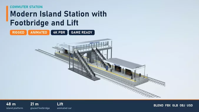 Modern Island Station with Footbridge and Lift - Rigged