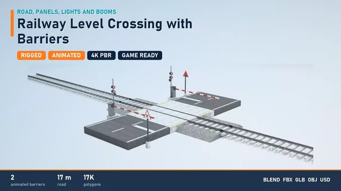 Railway Level Crossing with Barriers and Road - Rigged