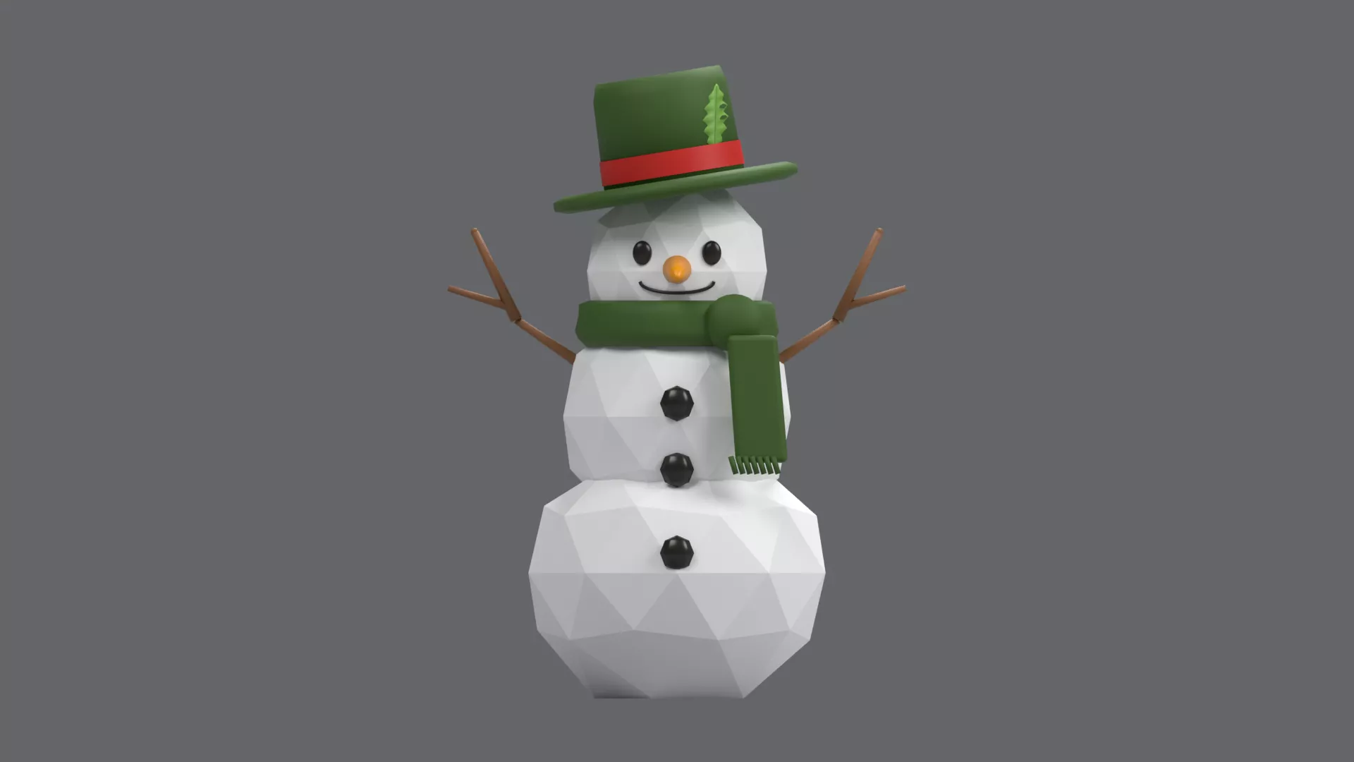 Snowman with Green Top Hat and Scarf Low-poly 3D model
