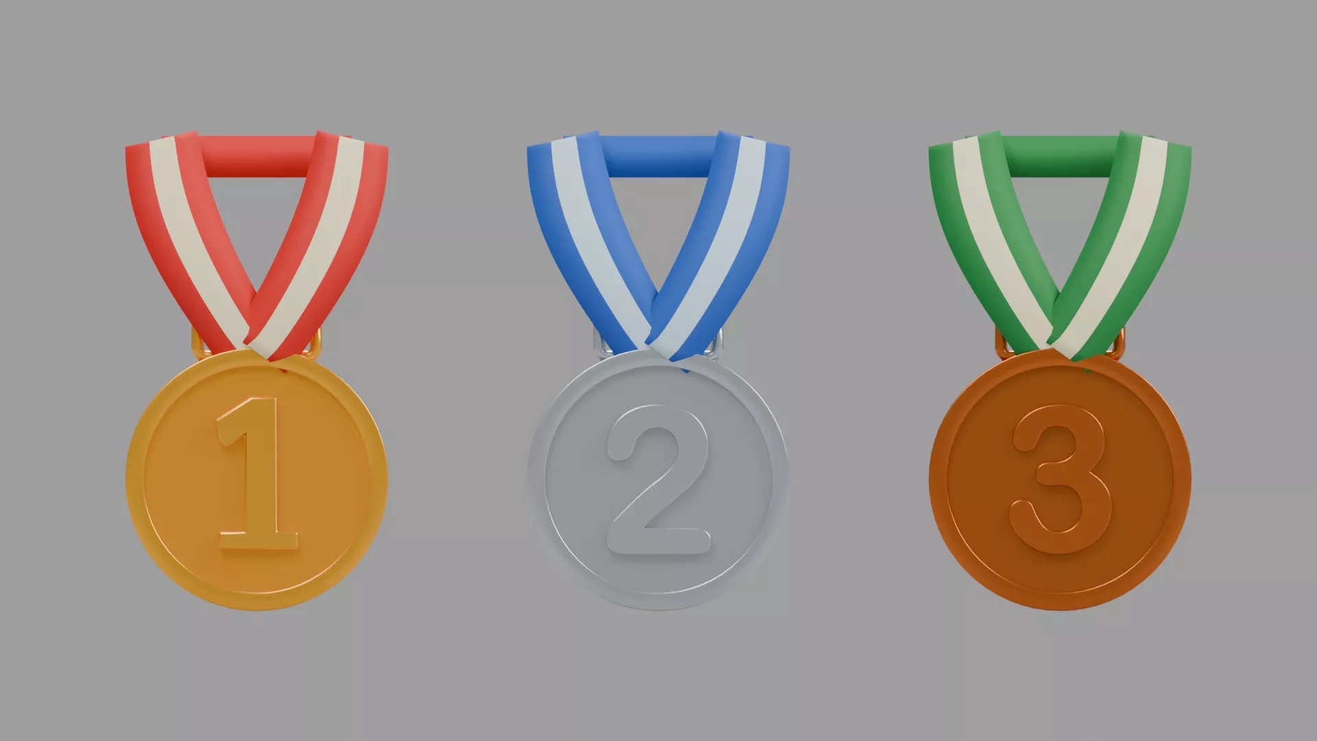 Gold Silver Bronze Medal Set with Striped Ribbons Low-poly 3D model